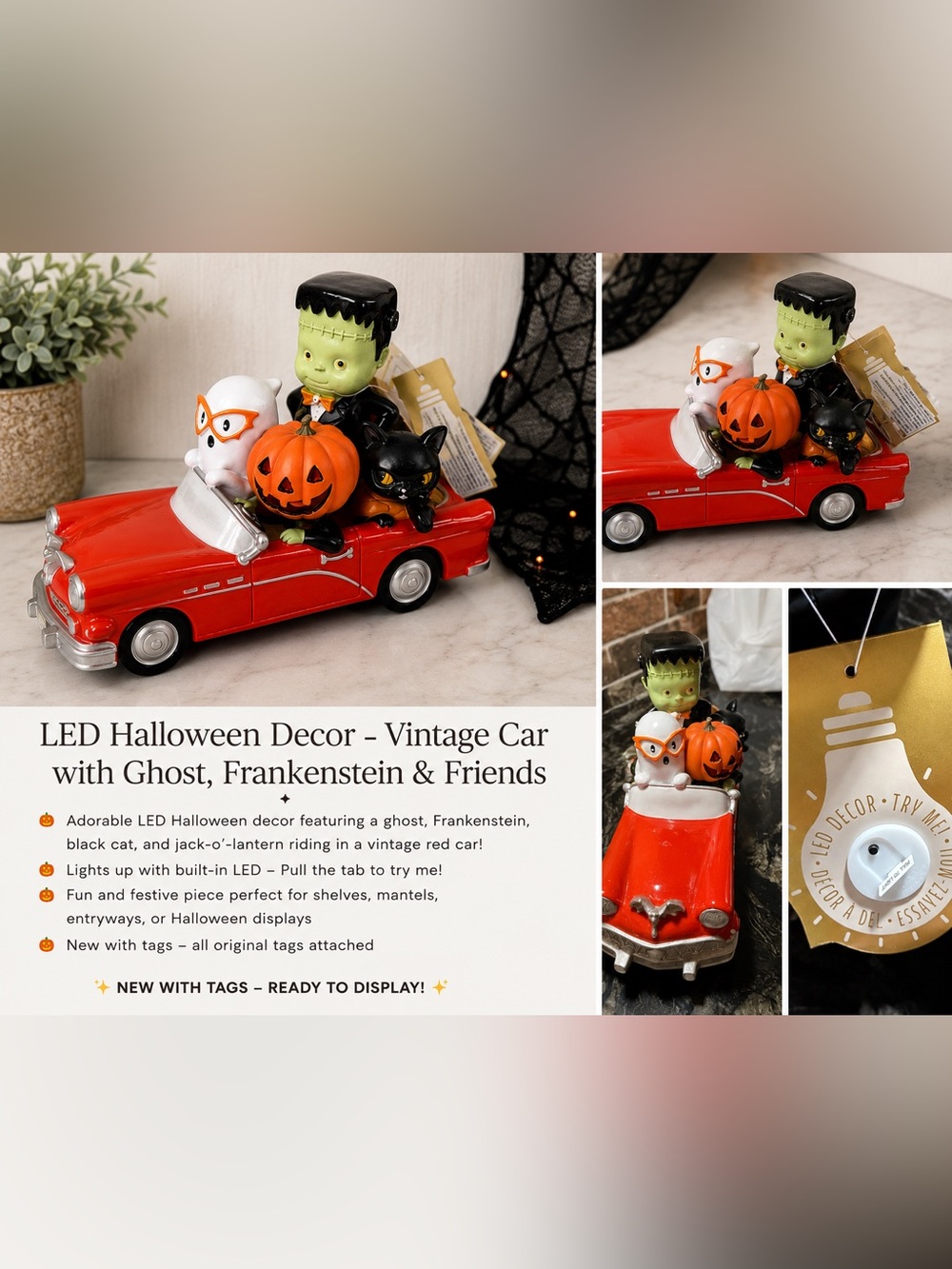 🎃 NWT TJ Maxx Halloween LED Decor – Vintage Red Car with Ghost, Frankenstein